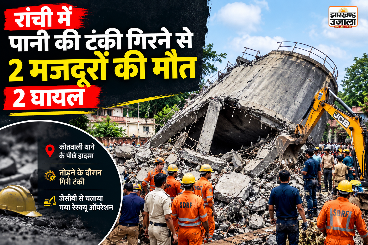 रांची में भरभराकर गिरी पुरानी पानी की टंकी, 2 मजदूरों की मौत; 2 घायल